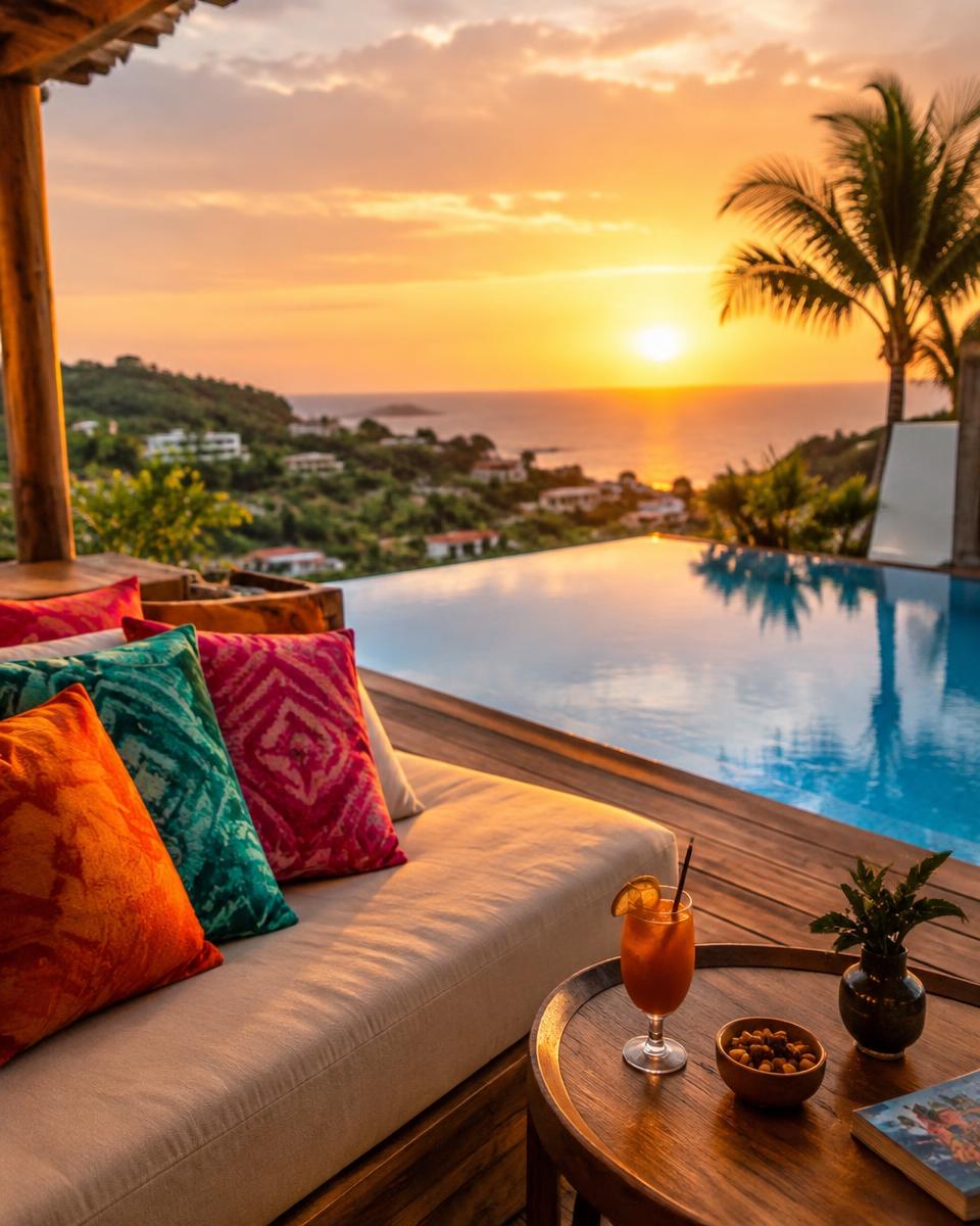 Terrasse mit Pool bei Sonnenuntergang